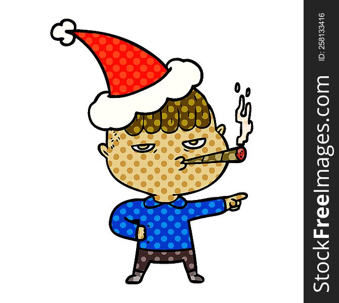 comic book style illustration of a man smoking wearing santa hat