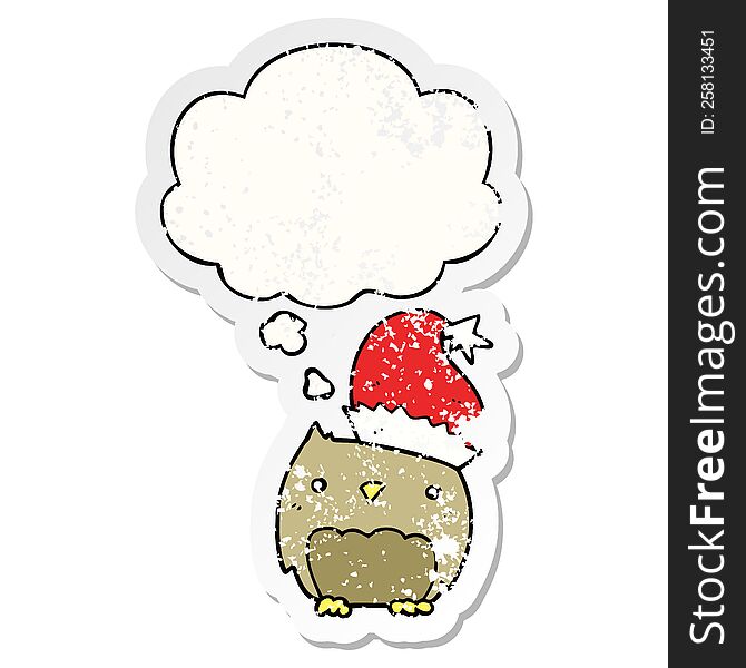 cute christmas owl with thought bubble as a distressed worn sticker