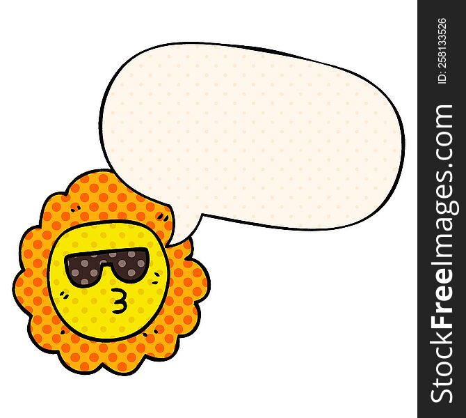 cartoon sunflower with speech bubble in comic book style
