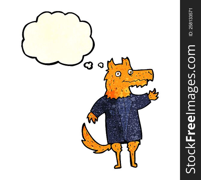 cartoon fox businessman with thought bubble