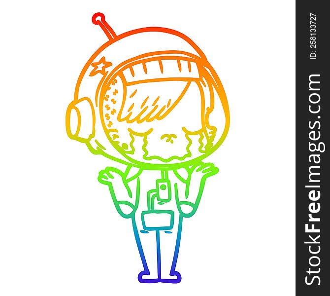 rainbow gradient line drawing of a cartoon crying astronaut girl