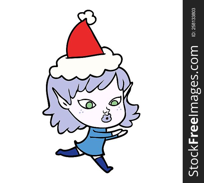pretty hand drawn line drawing of a elf girl wearing santa hat. pretty hand drawn line drawing of a elf girl wearing santa hat
