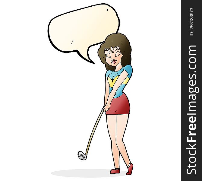 cartoon woman playing golf with speech bubble