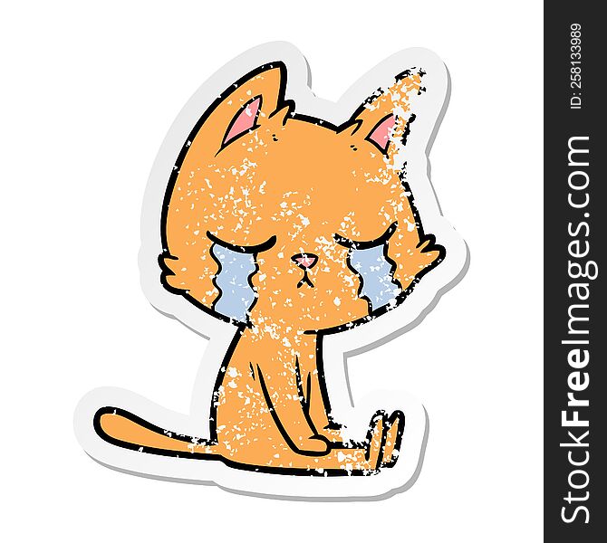 distressed sticker of a crying cartoon cat sitting