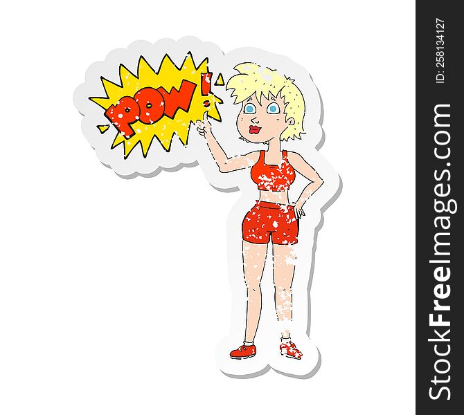 Retro Distressed Sticker Of A Happy Gym Woman Giving Thumbs Up Symbol