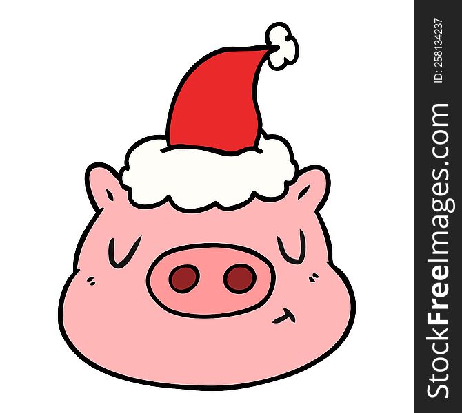 Line Drawing Of A Pig Face Wearing Santa Hat