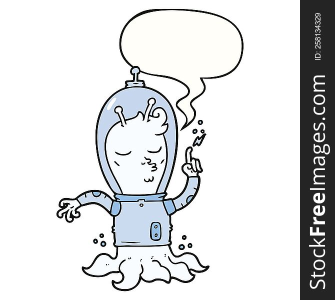 cartoon alien with speech bubble. cartoon alien with speech bubble