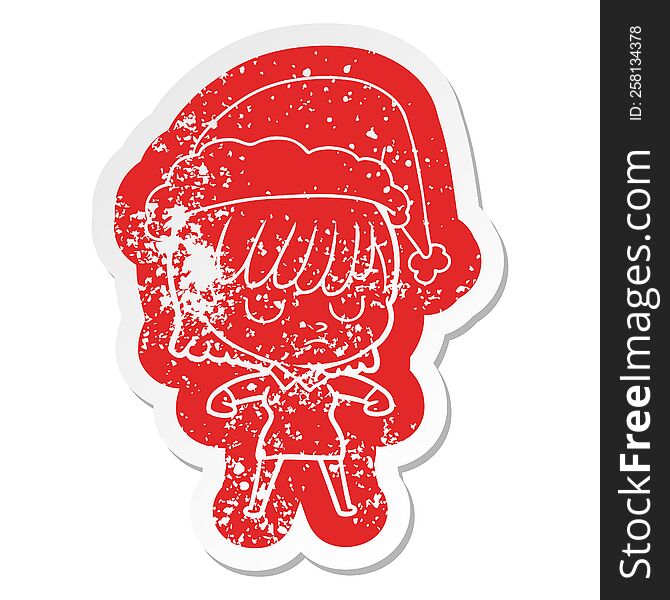 quirky cartoon distressed sticker of a woman wearing santa hat