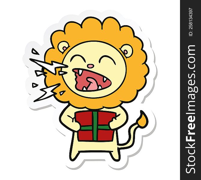 sticker of a cartoon roaring lion with gift