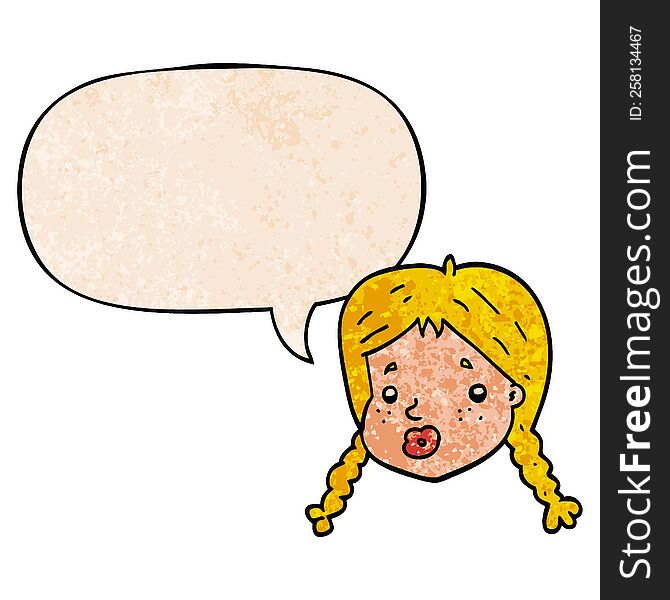 cartoon girls face with speech bubble in retro texture style