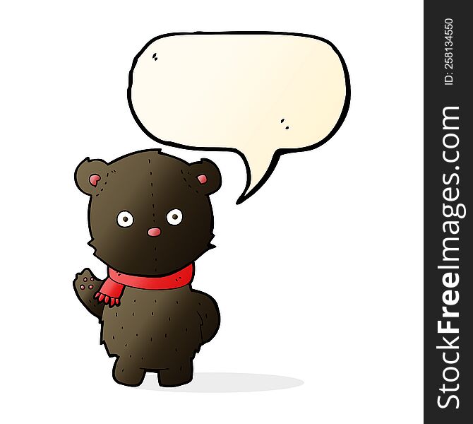 cartoon waving black bear cub with speech bubble