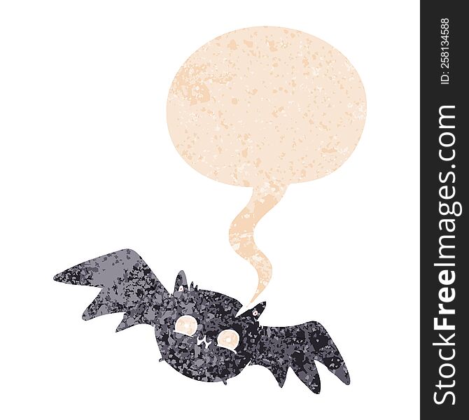 cartoon halloween bat with speech bubble in grunge distressed retro textured style. cartoon halloween bat with speech bubble in grunge distressed retro textured style