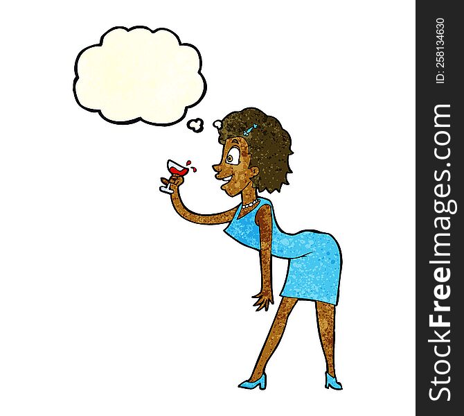 cartoon woman with drink with thought bubble