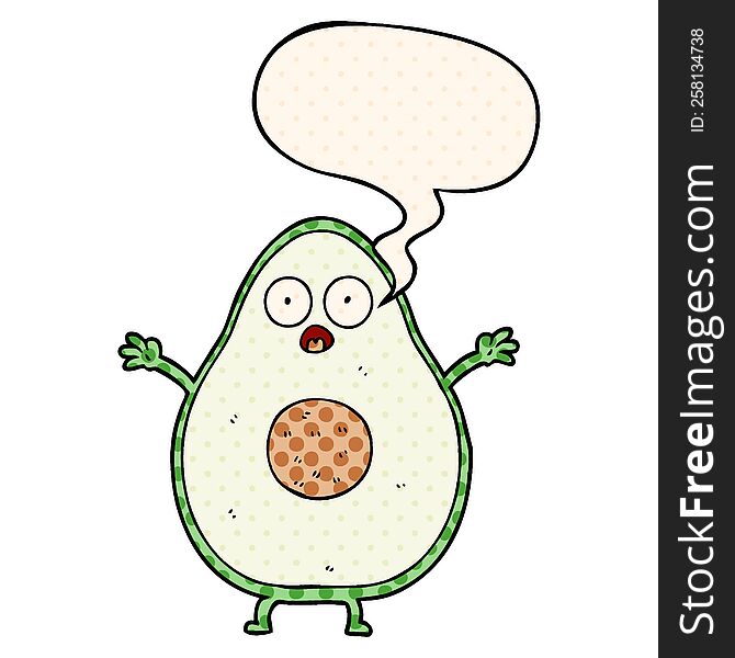 cartoon avocado with speech bubble in comic book style