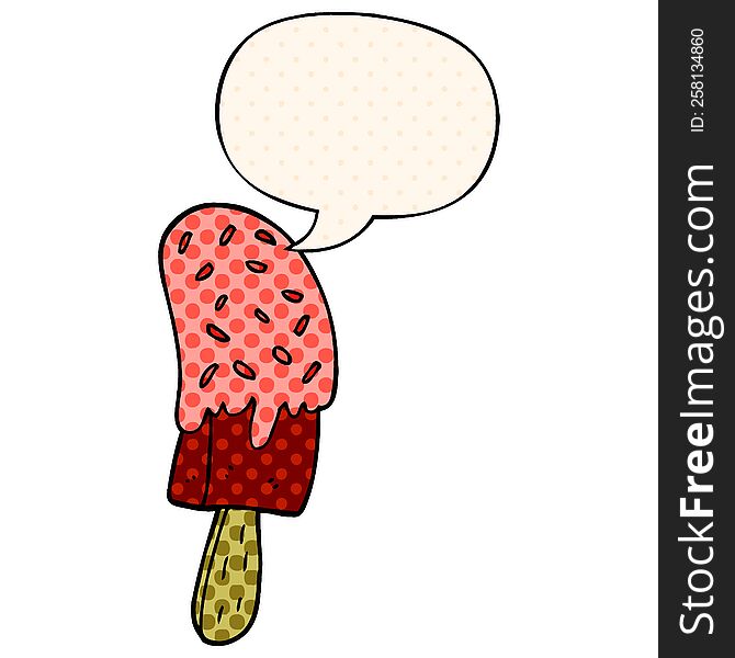 Cartoon Ice Cream Lolly And Speech Bubble In Comic Book Style