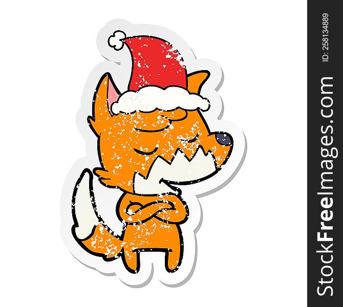Friendly Distressed Sticker Cartoon Of A Fox Wearing Santa Hat