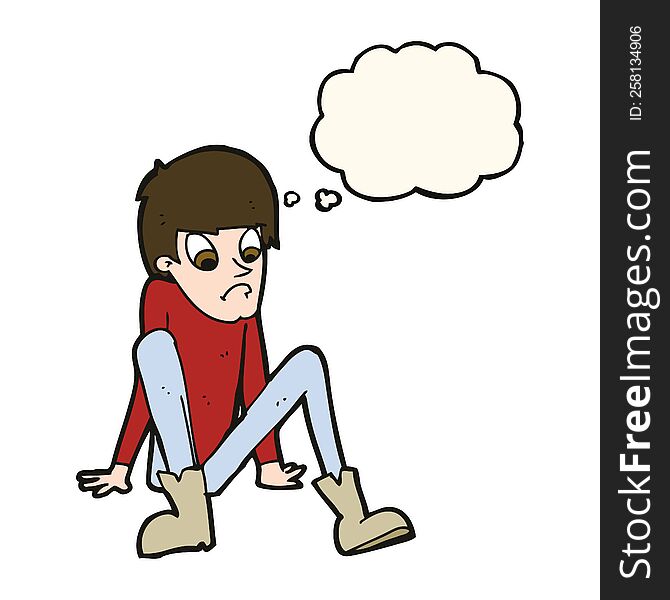 Cartoon Boy Sitting On Floor With Thought Bubble