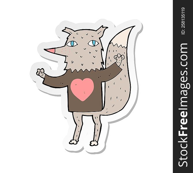 sticker of a cartoon wolf with love heart tee