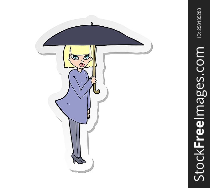 Sticker Of A Cartoon Woman With Umbrella