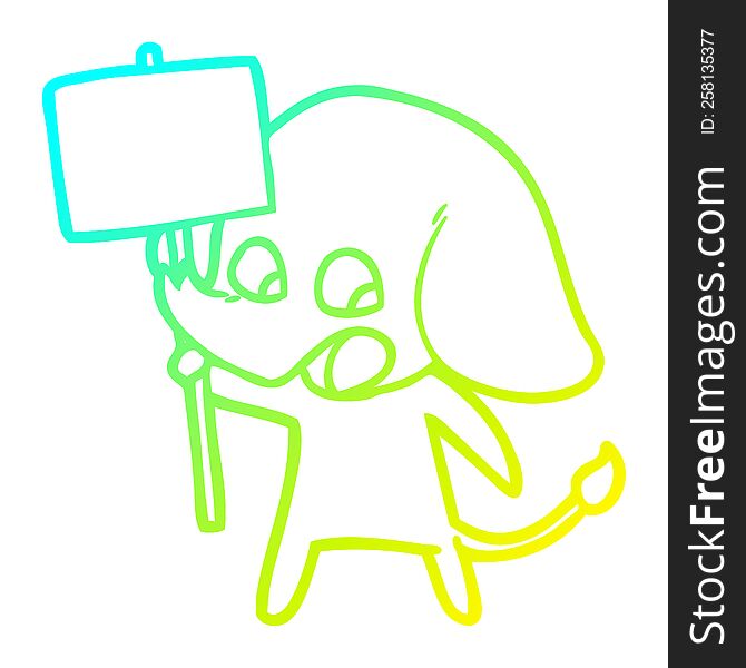 cold gradient line drawing of a cute cartoon elephant holding placard