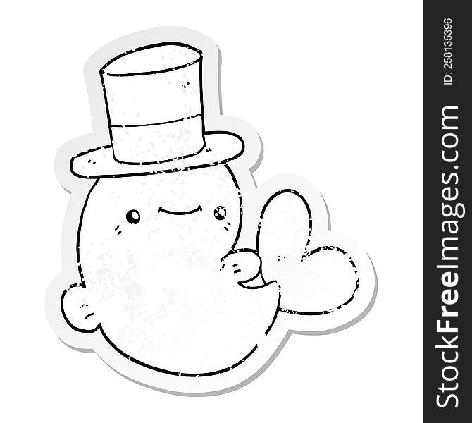 distressed sticker of a cute cartoon whale wearing top hat