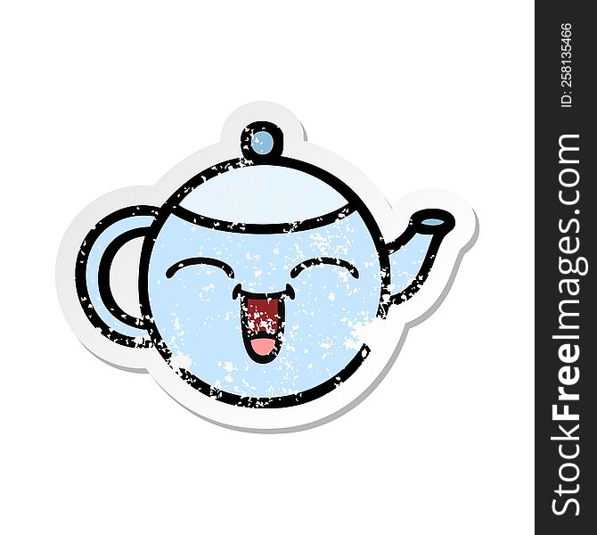 distressed sticker of a cute cartoon happy teapot