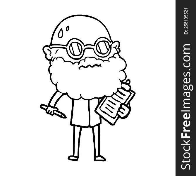 cartoon worried man with beard and sunglasses taking survey. cartoon worried man with beard and sunglasses taking survey