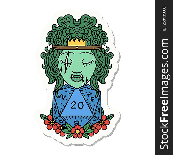 sticker of a half orc barbarian with natural twenty dice roll. sticker of a half orc barbarian with natural twenty dice roll