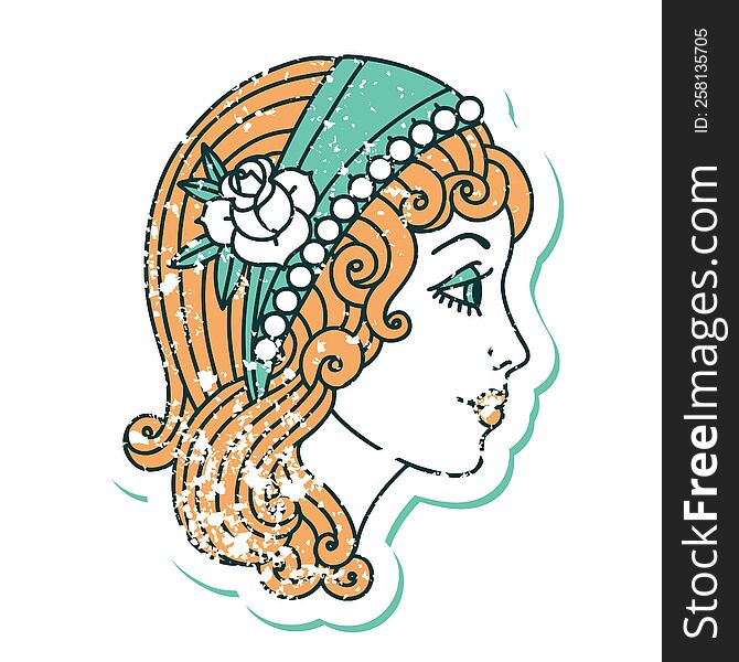 distressed sticker tattoo style icon of a gypsy head