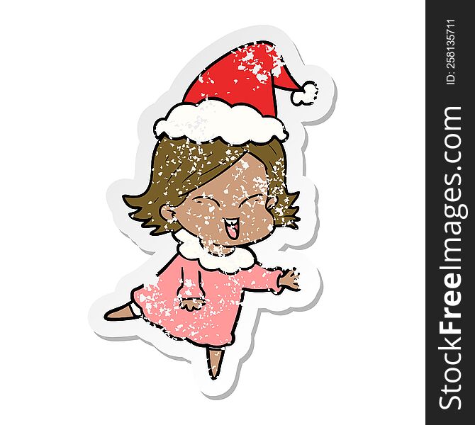 happy hand drawn distressed sticker cartoon of a girl wearing santa hat. happy hand drawn distressed sticker cartoon of a girl wearing santa hat