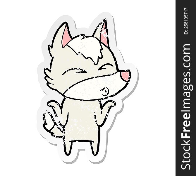 Distressed Sticker Of A Cartoon Wolf Shrugging Shoulders