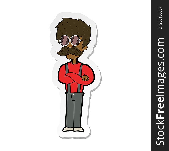 sticker of a cartoon hipster man with mustache and spectacles