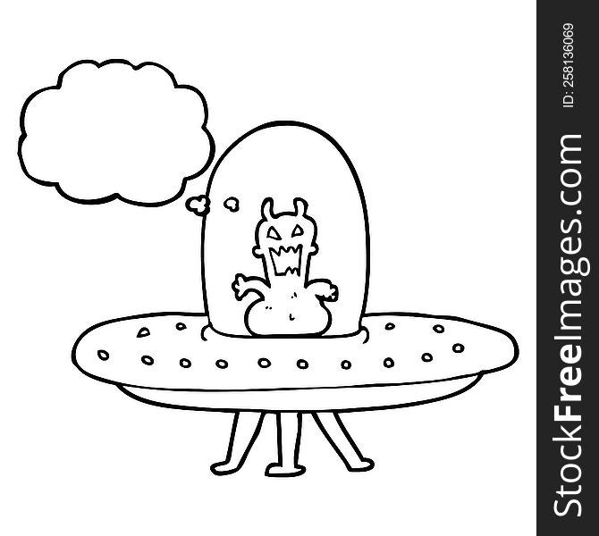 freehand drawn thought bubble cartoon alien in flying saucer