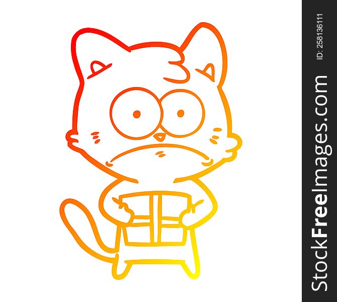 warm gradient line drawing of a cartoon cat with present