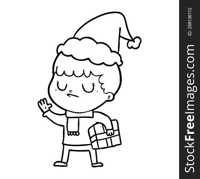 hand drawn line drawing of a grumpy boy wearing santa hat