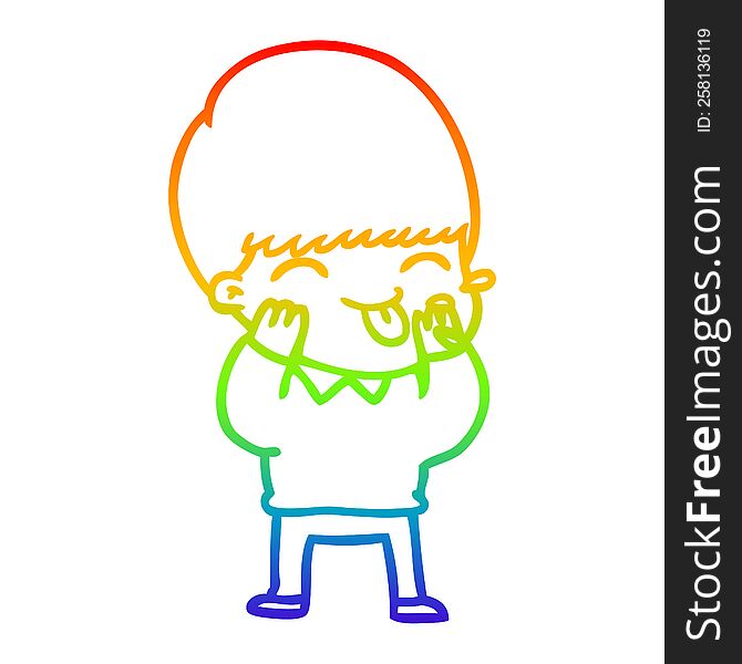 rainbow gradient line drawing of a cartoon boy blowing raspberry