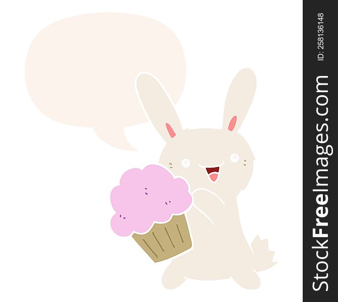 cute cartoon rabbit with muffin with speech bubble in retro style. cute cartoon rabbit with muffin with speech bubble in retro style