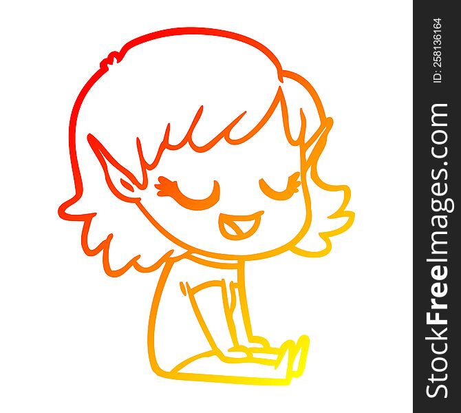 Warm Gradient Line Drawing Happy Cartoon Elf Girl Sitting On Floor
