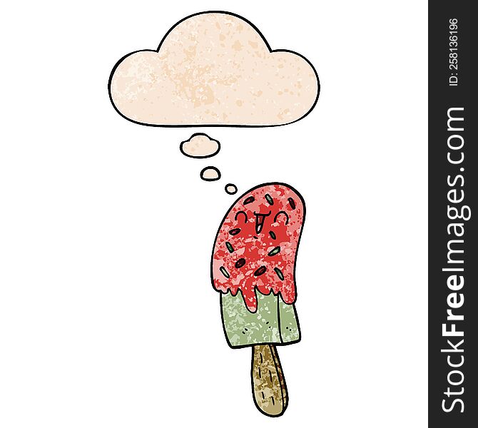 cartoon ice lolly and thought bubble in grunge texture pattern style