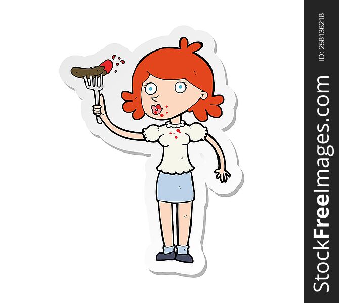 sticker of a cartoon woman eating sausage