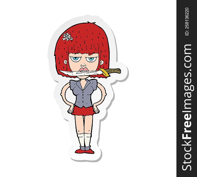 sticker of a cartoon woman with knife in teeth