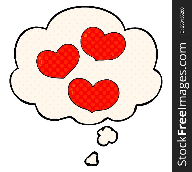 cartoon love hearts with thought bubble in comic book style