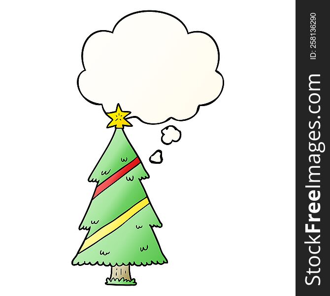 Cartoon Christmas Tree And Thought Bubble In Smooth Gradient Style