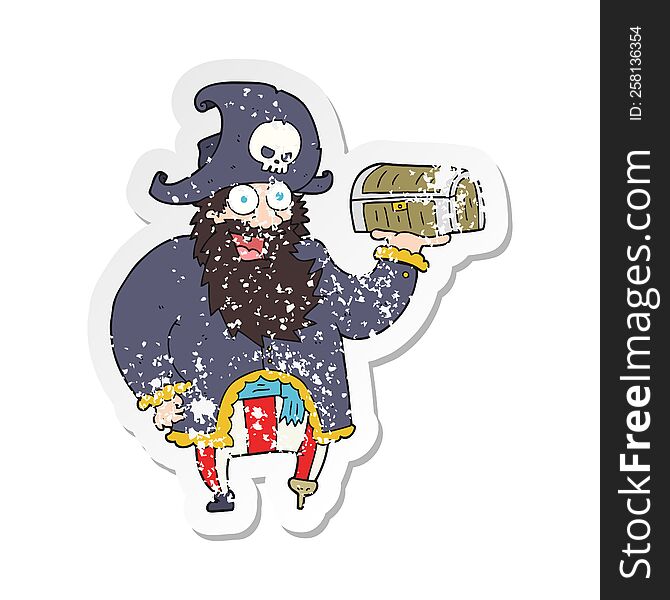 retro distressed sticker of a cartoon pirate captain with treasure chest