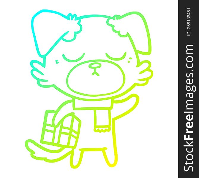 cold gradient line drawing of a cute cartoon dog with christmas present