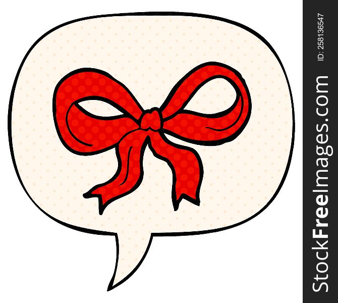 cartoon decorative bow with speech bubble in comic book style