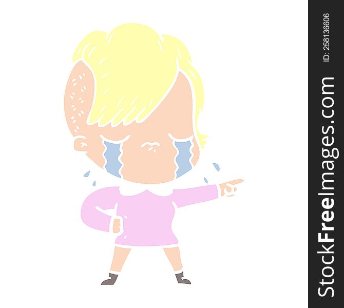 Flat Color Style Cartoon Crying Girl