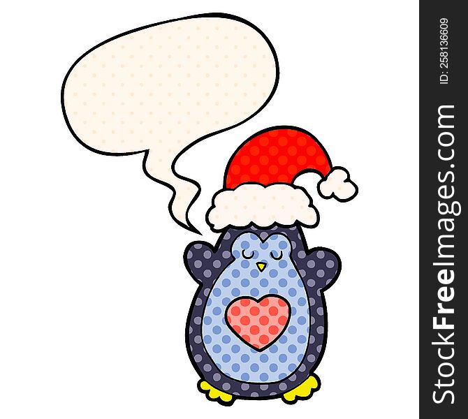 Cute Christmas Penguin And Speech Bubble In Comic Book Style
