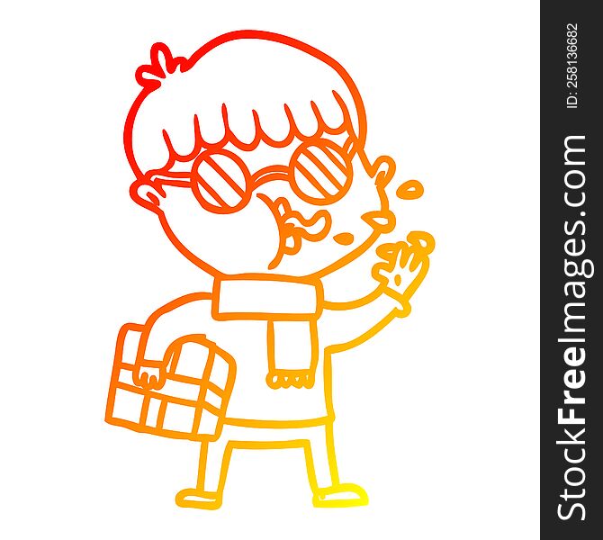 warm gradient line drawing of a cartoon boy wearing spectacles with christmas gift