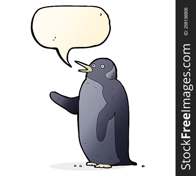 Cartoon Penguin Waving With Speech Bubble